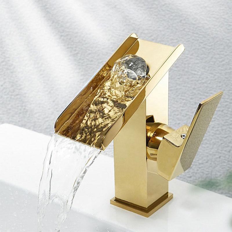 

Bathroom Sink Faucets Gold Black Chrome Brass Waterfall Basin Faucet For Accessories Cold Mixer Square Single Hole Kitchen Water Tap