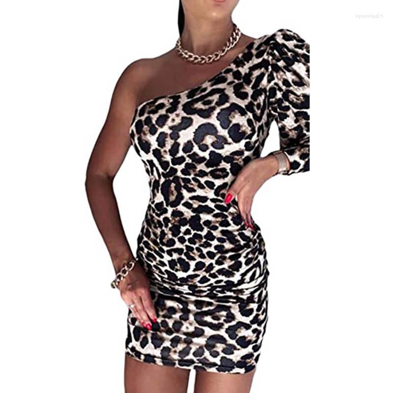 

Casual Dresses Elegant Fashion Leopard Print One Shoulder Long Sleeves A-line Dress Sexy Autumn Office Lady Mini Streetwear Female, Snack
