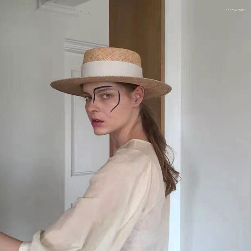

Wide Brim Hats Fashion Flat Top Straw Hat For Women Summer Fedora Beach Sun Chapeau Philippine High-quality Grass Casquette Femme Ete, White
