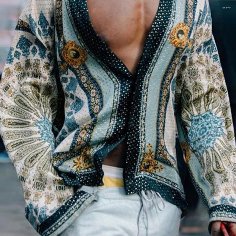 

Men's T Shirts Summer Loose Shirt Printing Button Long-sleeved Lapel, Blue