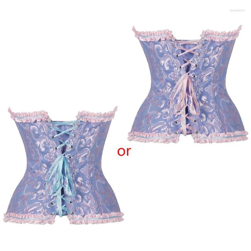 

Bustiers & Corsets 40GC Women Vintage Ruffles Lace Corset Bustier Top Lace-Up Jacquard Floral Overbust Boned Waist Cincher Body Shaper, Bl