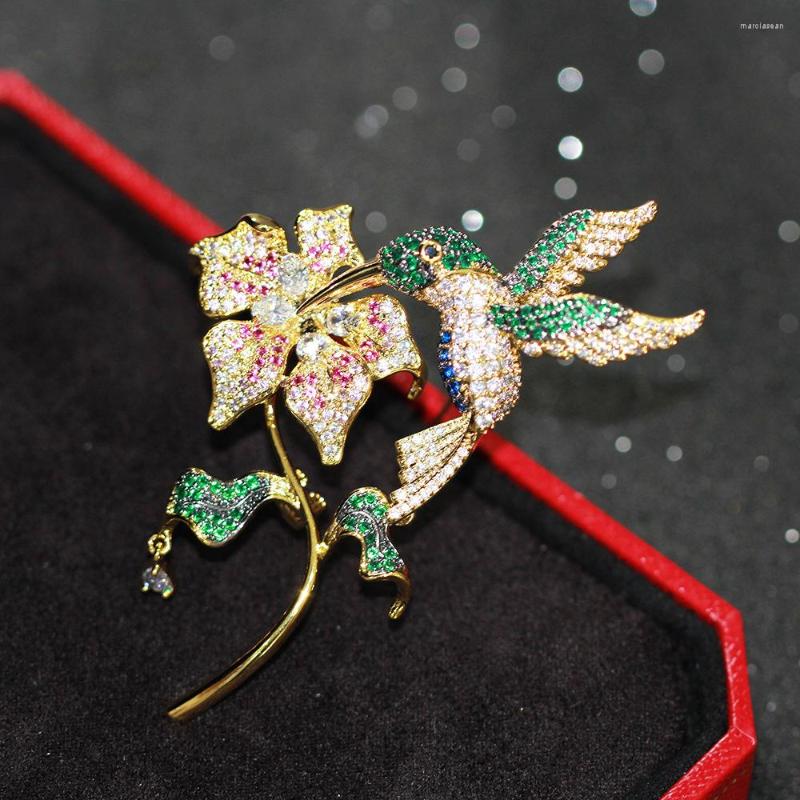 

Brooches Trendy Floral Blooming Delicate Bird Zircon Exaggerated Brooch Luxury Temperament Flower Gold-plated Women Year Gift