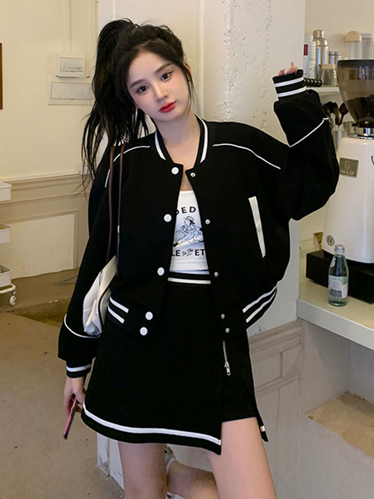 

Two Piece Dres Sets American Style Vintage O Neck Single Breasted Baseball Uniform High Waist Split Culottes Spring 221010, White skirt