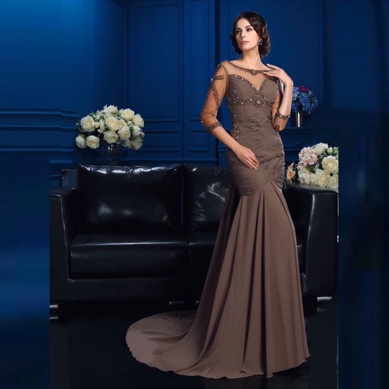 

Mother of the bride dress New in Elegant chocolate boat neckline pearl wedding dress with 3/4 sleeves