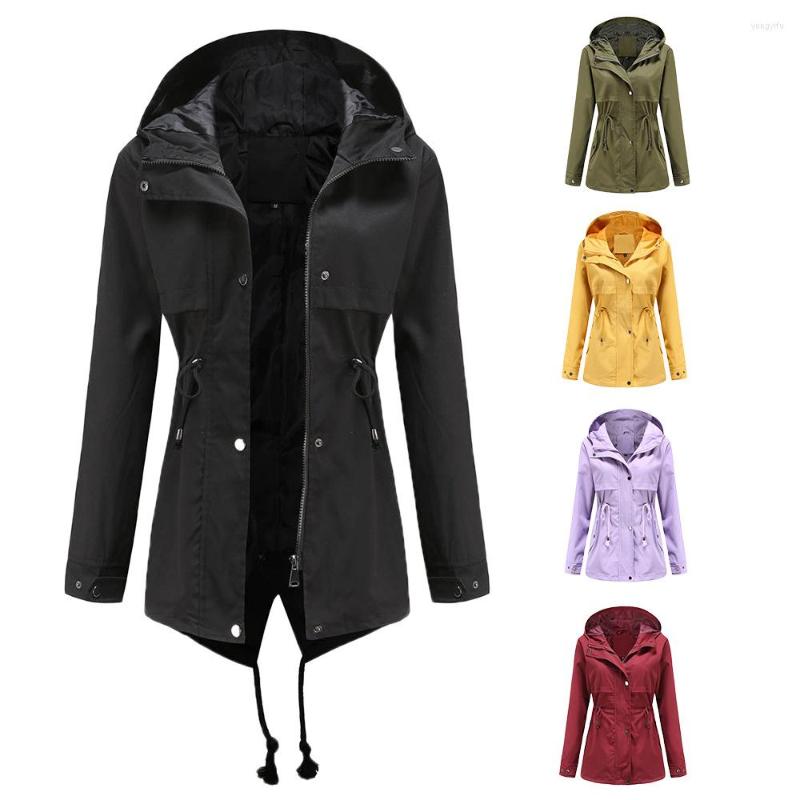 

Women's Trench Coats Solid Drawstring Coat Med Length Fashion Casual Hoodie Waist Retracted Outdoor Rainproof Clothing Women's