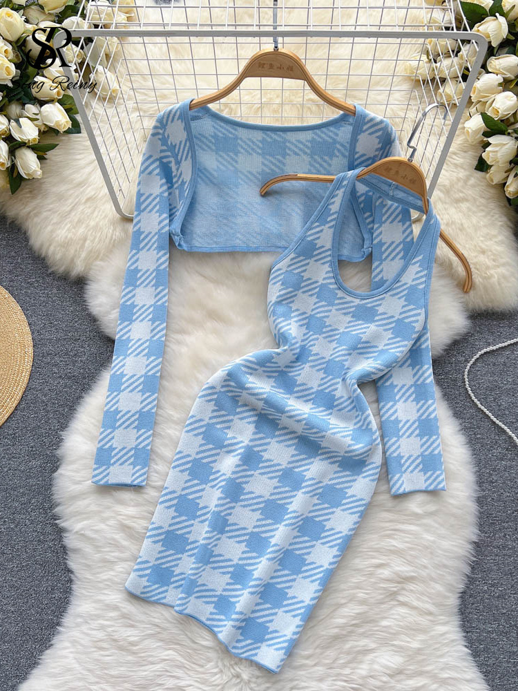 

Two Piece Dress SINGREINY Ladies Plaid Knitted Sets Halter Bodycon Short Dress Knit Cardigan Mini Coat Women Fashion Sexy Pieces Suits 221010, Yellow