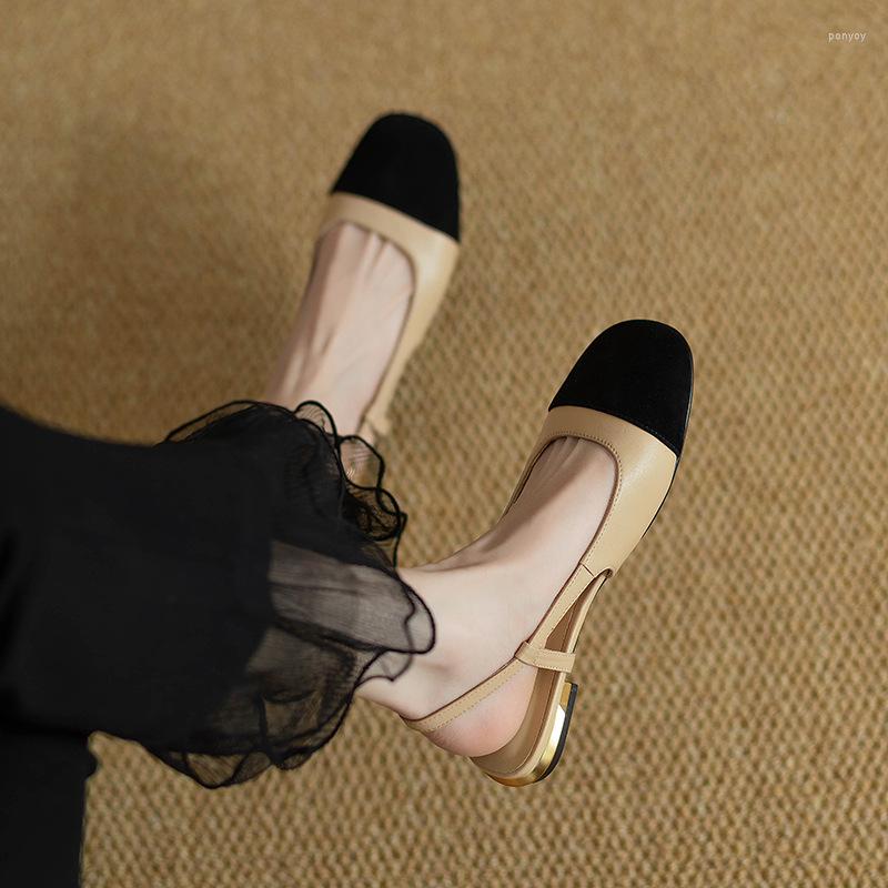 

Sandals Summer Soft Leather Low-heeled Women's Flat Shoes Round Toe Ladies Wind Color Matching Fashion ClassicAll-match, Black