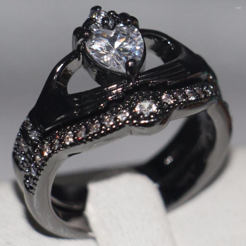 

Wedding Rings Top Sell Claddagh Fashion Jewelry 10kt Balck Gold Filled White Clear 5A CZ Women Cut Couple For Lover Gift SZ5-11