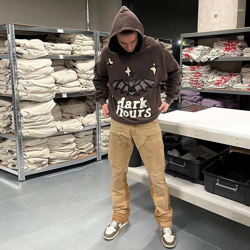 

Men's Hoodies Retro Bat Letter Brown Foam Hooded Sweater Goth Fashion Men Clothing Autumn Streetwear High Street Harajuku Y2k Oversize
