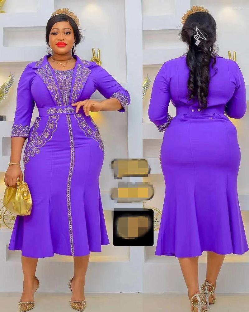 

Ethnic Clothing 2022 Summer Elegent African Women Yellow Green Blue Purple Polyester Knee-length Dress Dresses For L-3XL