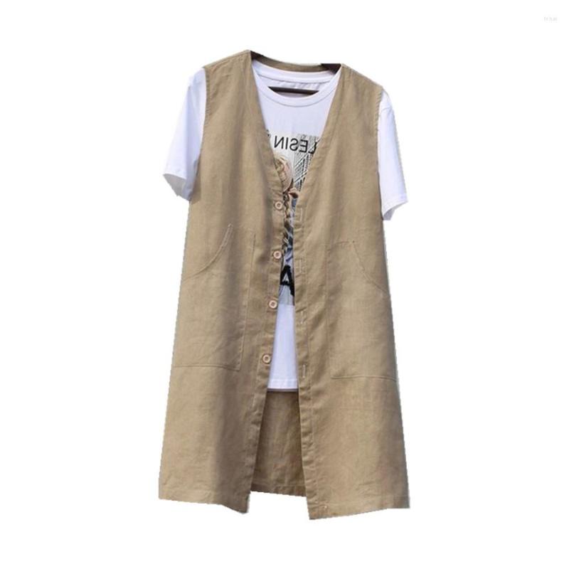 

Women's Vests Summer All-match Single Breasted V-neck Solid Couple Long Style Linen Outerwear Fashion Women Unisex Causal Simple Cozy, Black