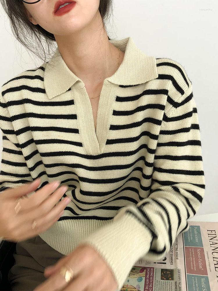 

Women' Sweaters Deeptown Korean Crop Striped Sweater Women Harajuku Style Casual Oversize Polo Collar Pullover Knitted Jumper Basic Chic, Black