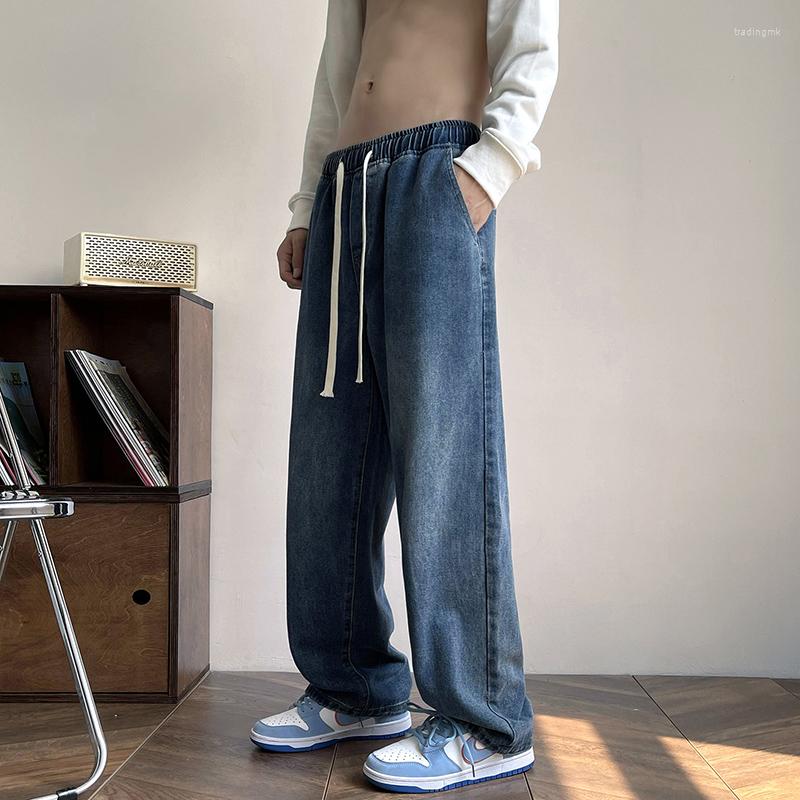 

Men' Jeans Autumn American High Street Loose Men' Elastic Waist Tie Casual Straight Wide Leg Pants Black Denim Trousers 3XL
