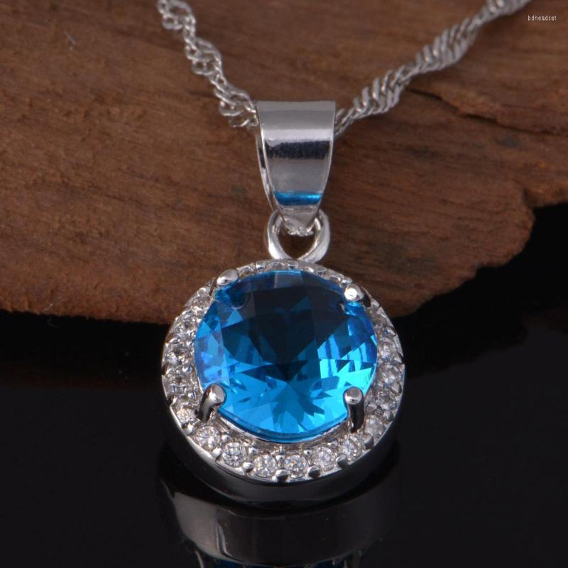 

Chains Women Classic Jewelry White Gold Colou Fashion Light Blue Crystal Necklace Round Zircon Pendant