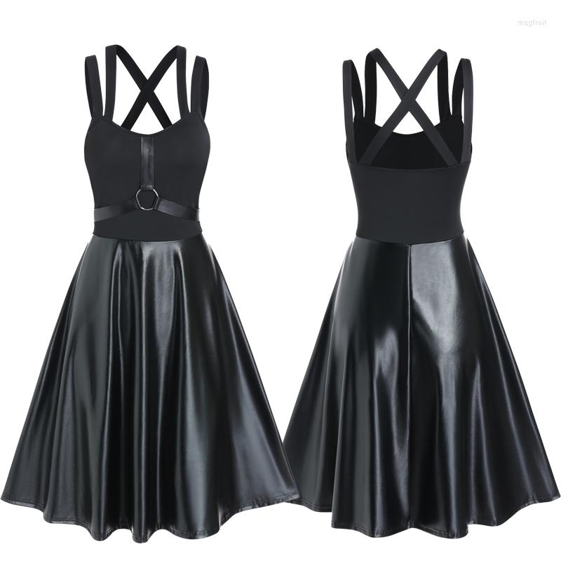

Casual Dresses Gothic Style O Ring Faux Leather Cross Back Dress Women's Sleeveless Punk Hip Hop Harnesses Y2K XXXL Party Vestidos Black