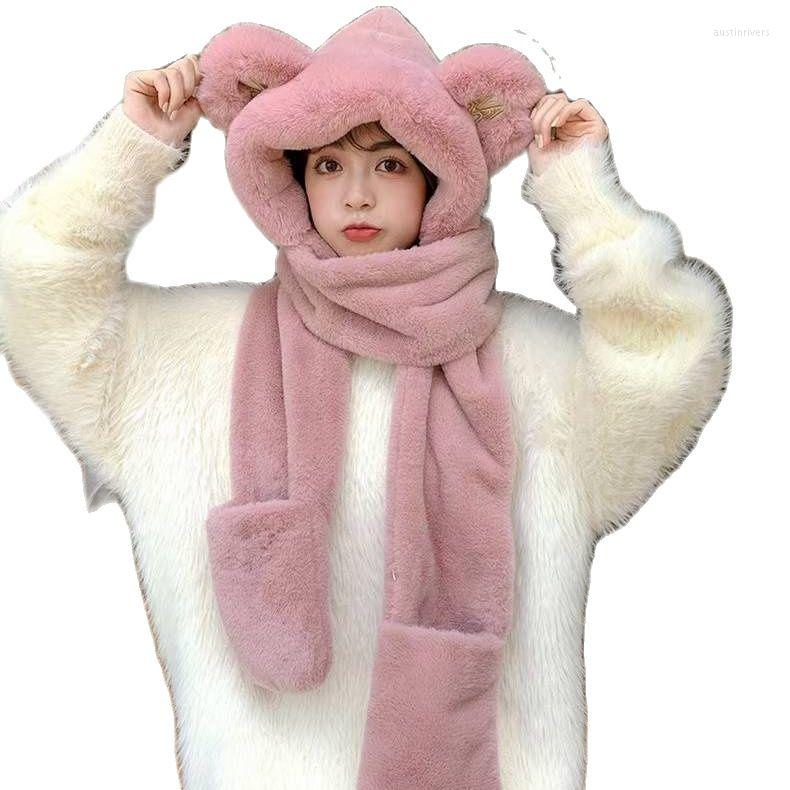 

Scarves Fluffy Lovely Cartoon Ears Hat Scarf Knitted White Solid Color Plaid Thickened Warm Winter Lady Christm
