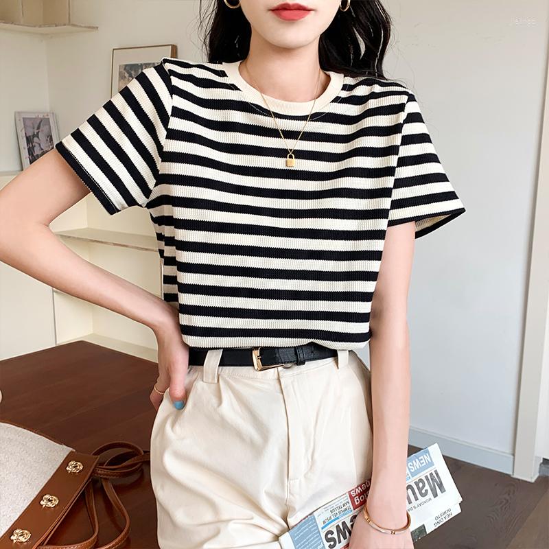 

Women' T Shirts Knitting Stripe Women' T-shirt Summer High Street Top Slim Fit Short Sleeve 2022 Tees Fashion O-Neck Female Casual, Black