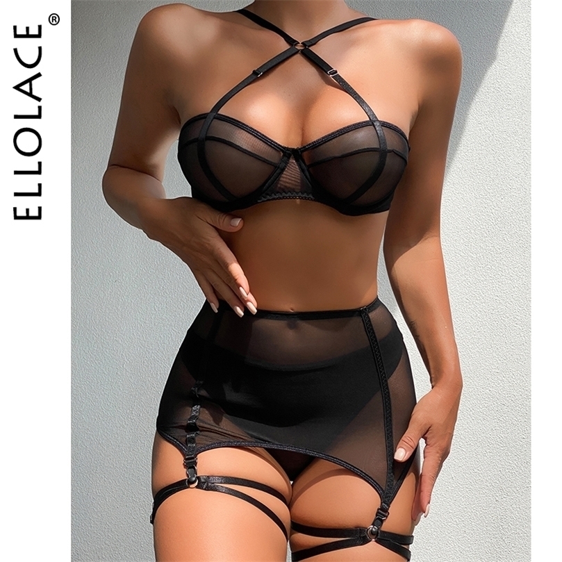 

Sexy Set Ellolace Sensual Lingere Exotic Bandage Garter With Stockings Transparent Bra Intimate Hard Woman 3Piece Black Fancy Underwear 221010
