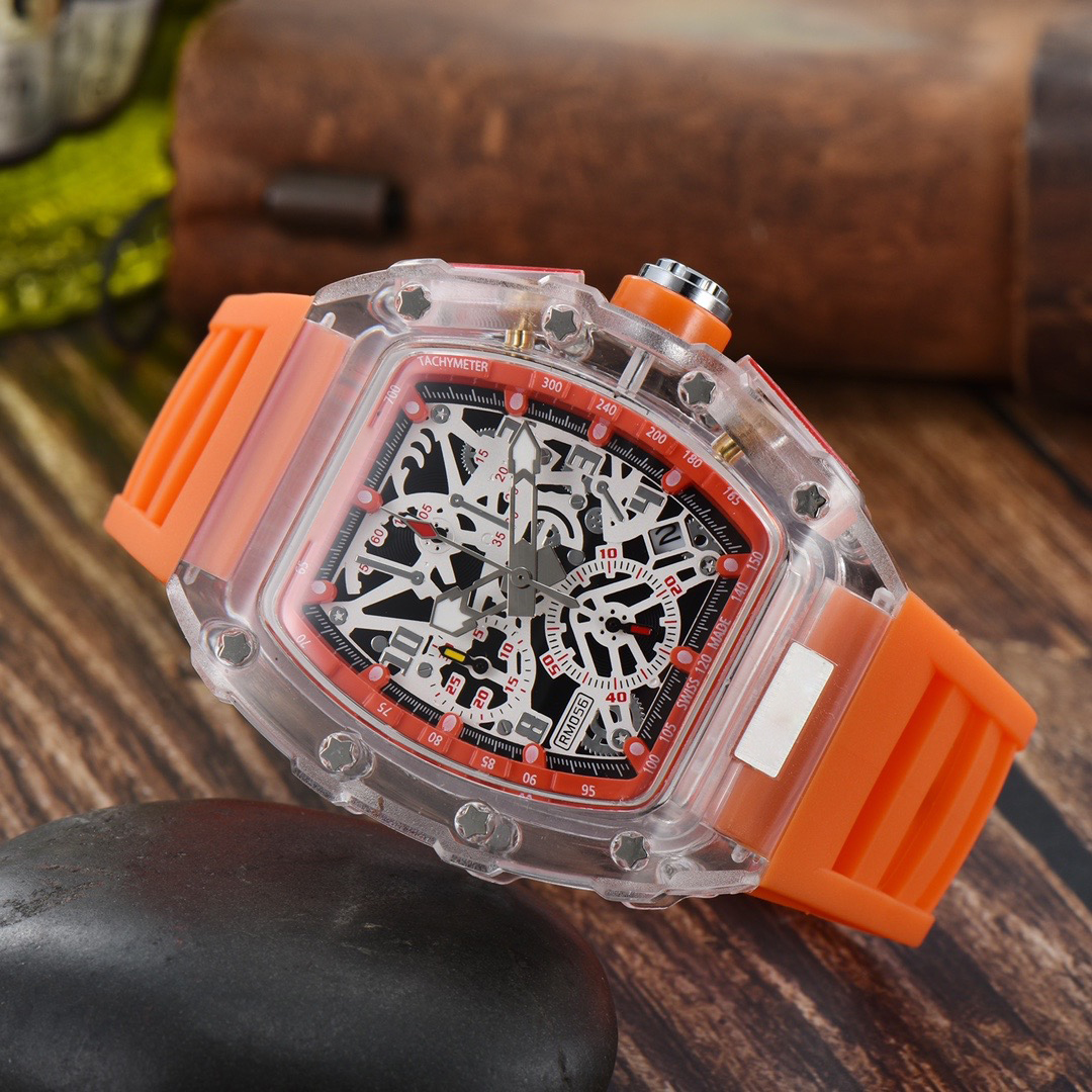 Montres pour hommes Mouvement à quartz Sous-cadran Montre de travail Sport Bracelet en caoutchouc Boîtier en acrylique transparent Chronographe M