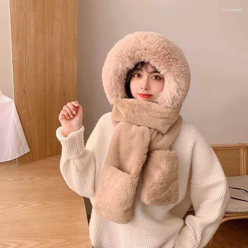 

Berets Fashion Plush Hat Scarf Gloves One-piece Cap Women Winter Thickened Net Red To Keep Warm Lei Feng Wholesale All-match, Pink