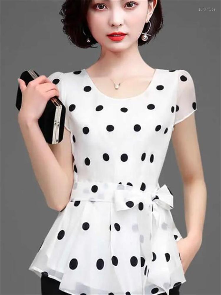 

Women's Blouses Polka Dot Short-Sleeve Women Shirt Belt Slim Top For Summer Clothes O-neck Pullover Chiffon Female Blous, Pink