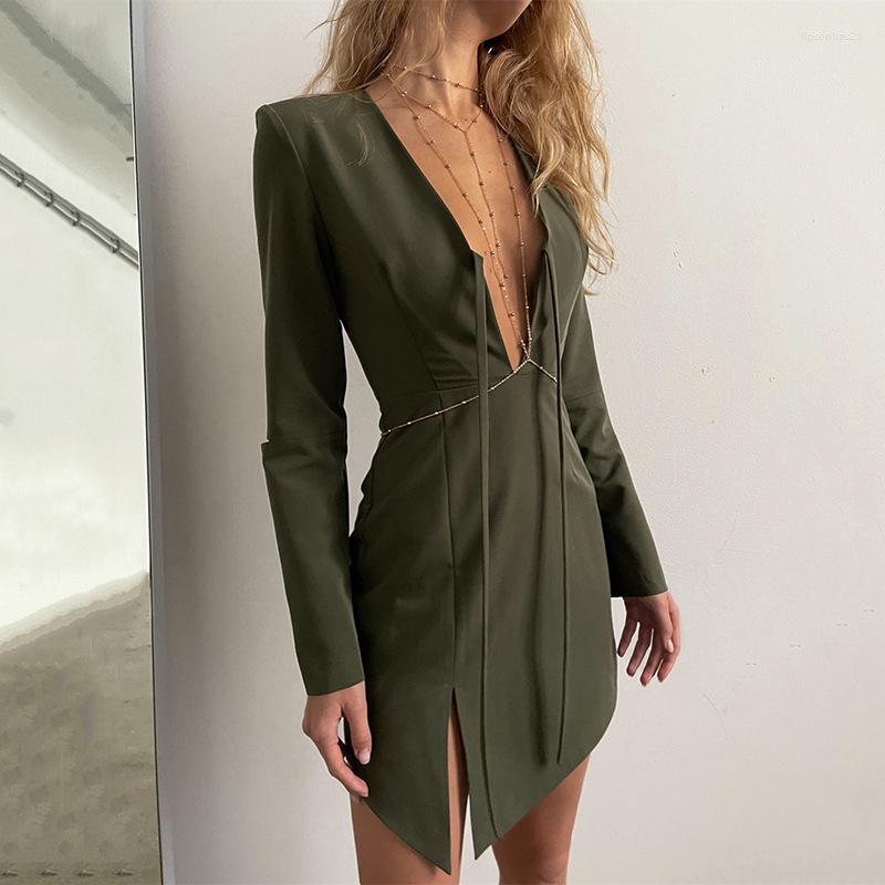 

Casual Dresses Spring Arrival Women' Solid 3-colors Irregular Split Lace-up Dress Sexy Long Sleeve Hollow Out Deep V-neck Tied, Black