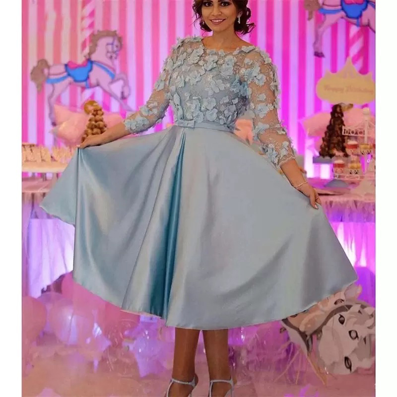 

Elegant Vintage A Line Mother of the Bride Dress with Bow Satin 3D Floral Lace Tea Length Three Quarter Wedding Party Dress