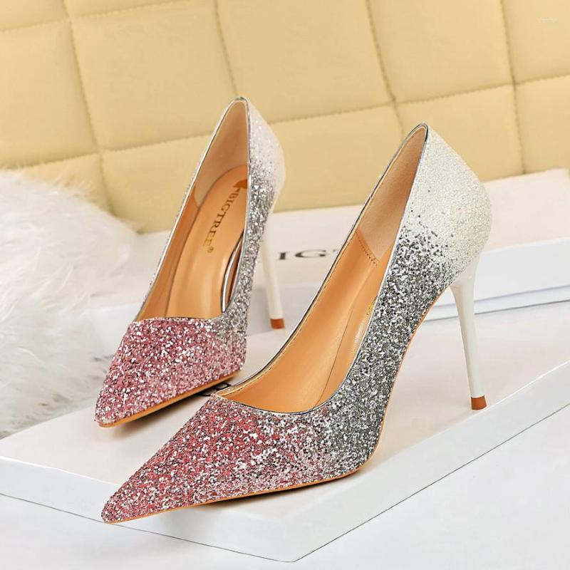 

Dress Shoes BIGTREE Women Heels Brand Pumps Pointed Toe Fashion High Gradual Change Glitter Sexy, Black