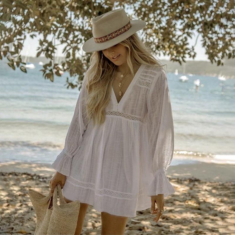 

Women's Swimwear Deep V-neck Bikini Cover Up Sexy Women White Lace Patchwork Mini Dress Tunics Solid Beach Bathing Suit