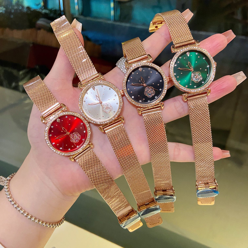 

Fashion Brand Wrist Watches Women Ladies Girl Crystal Flower Style Luxury Metal Steel Band Quartz Clock CH 90, Rose gold white
