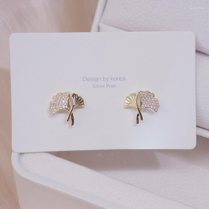 

Stud Earrings Gold Color Design Ginkgo Biloba Women Earring Cubic Zirconia Charm Bling Crystal Wedding Jewelry AccessorieStud
