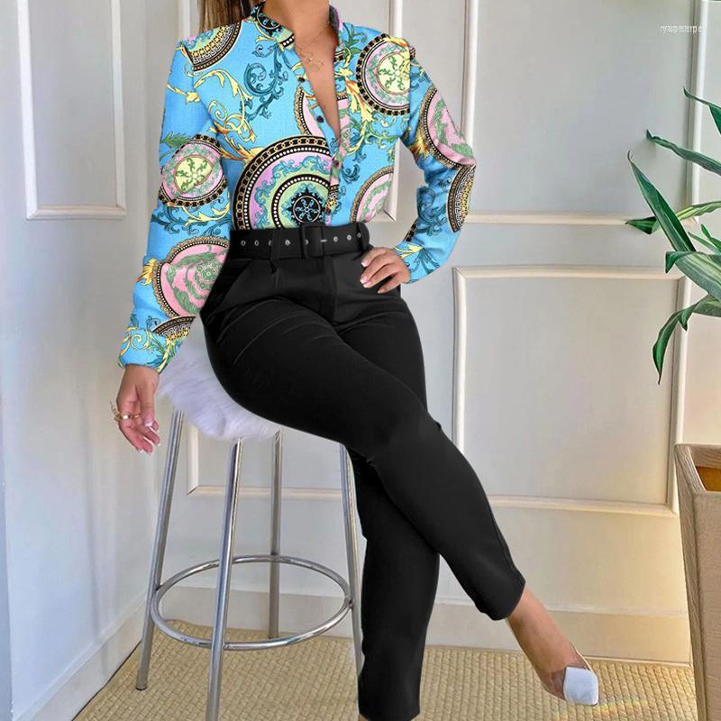 

Women' Two Piece Pants Women' 2022 Retro Print Office Lady Shirt Set High-end Women Of Quality Full Sleeve Wide Leg 2PCs Suits, Black