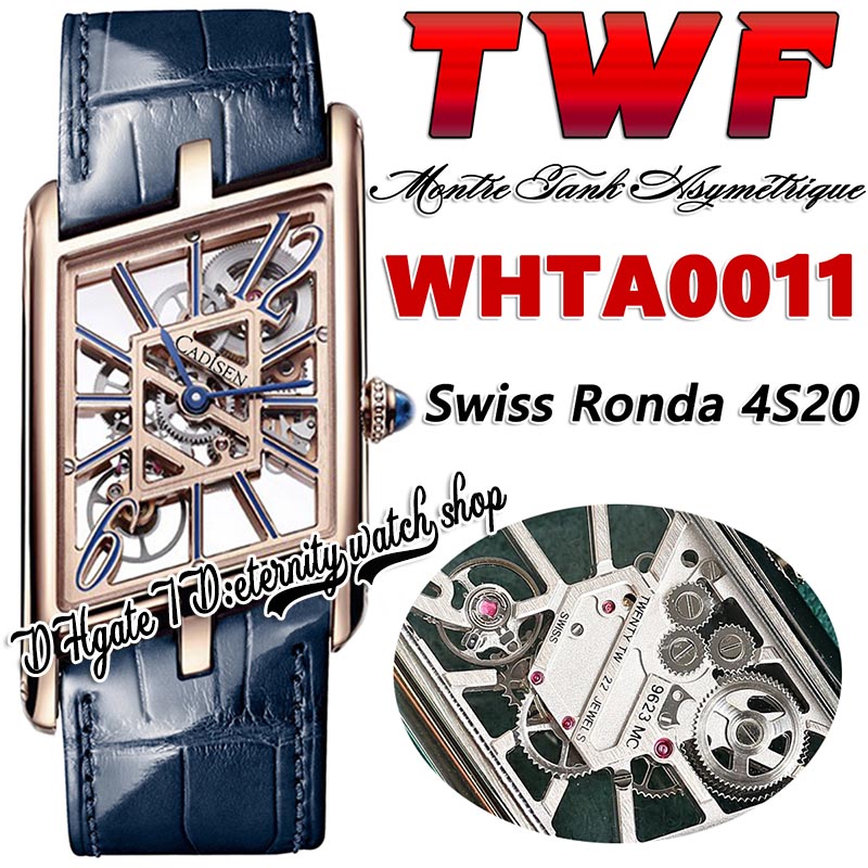 

TWF tw0011 Swiss Ronda 4S20 Quartz Mens Watch Montre Asymetrique Unisex Watch Rose Gold Steel Case Skeleton Dial Blue Leather Strap Super Edition eternity Watches, Watch waterproof production cost