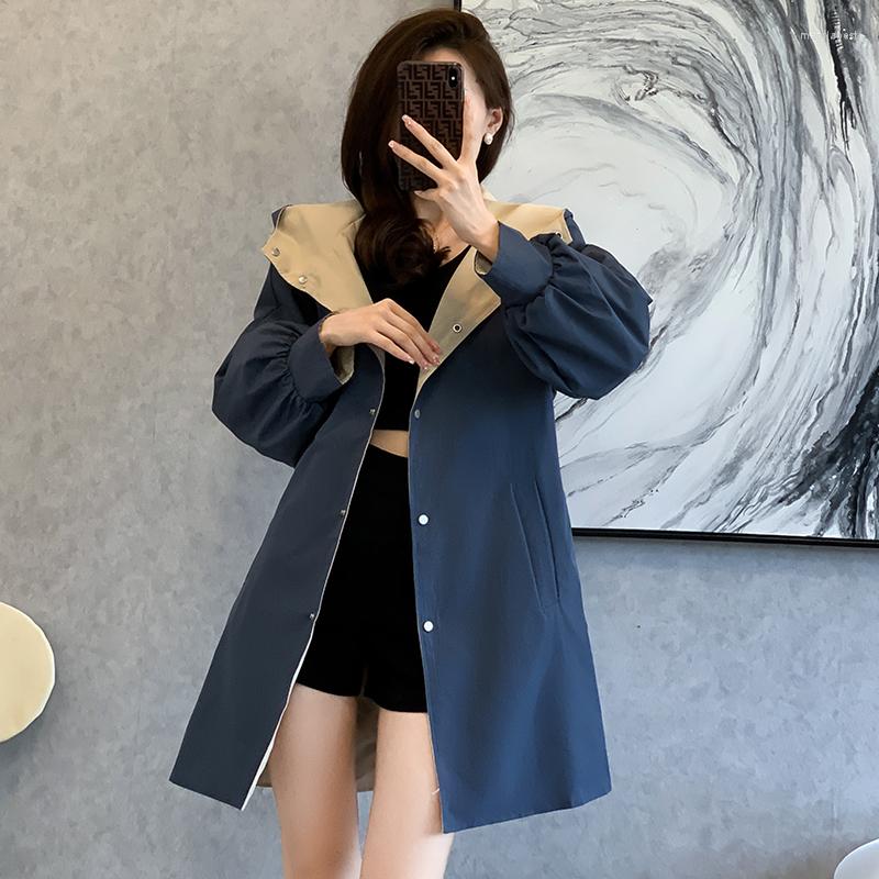

Women' Trench Coats Autumn 2022 Fashion Color Contrast Women Wear Long Sleeve Hooded Loose Single Breasting Windbreaker Casual Coat Femme