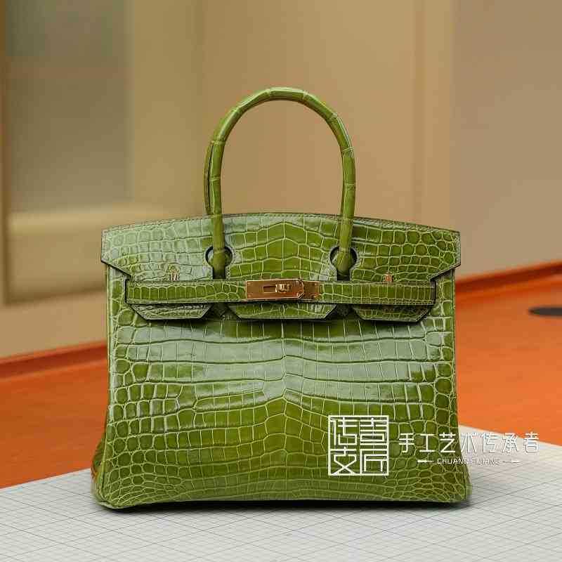 

Birkins French Craftsmen Hand Sew 2022 New Platinum Bag Crocodile Skin Jungle Green 30cm Gold Buckle Leather Handbag ZAA3, No bag