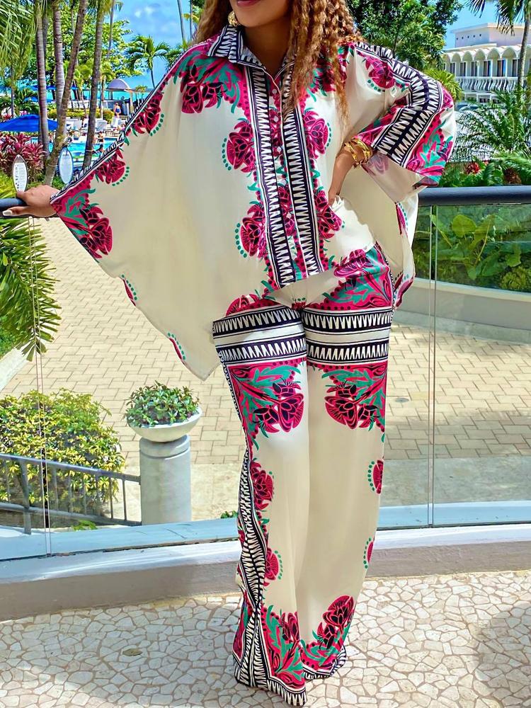 

Women' Pants 2022 Women Summer Printed Doll Sleeve Top Loose Two Piece Fashion Female Casual Office Suit Retro Elegant Lady Wide Leg Pant, Green