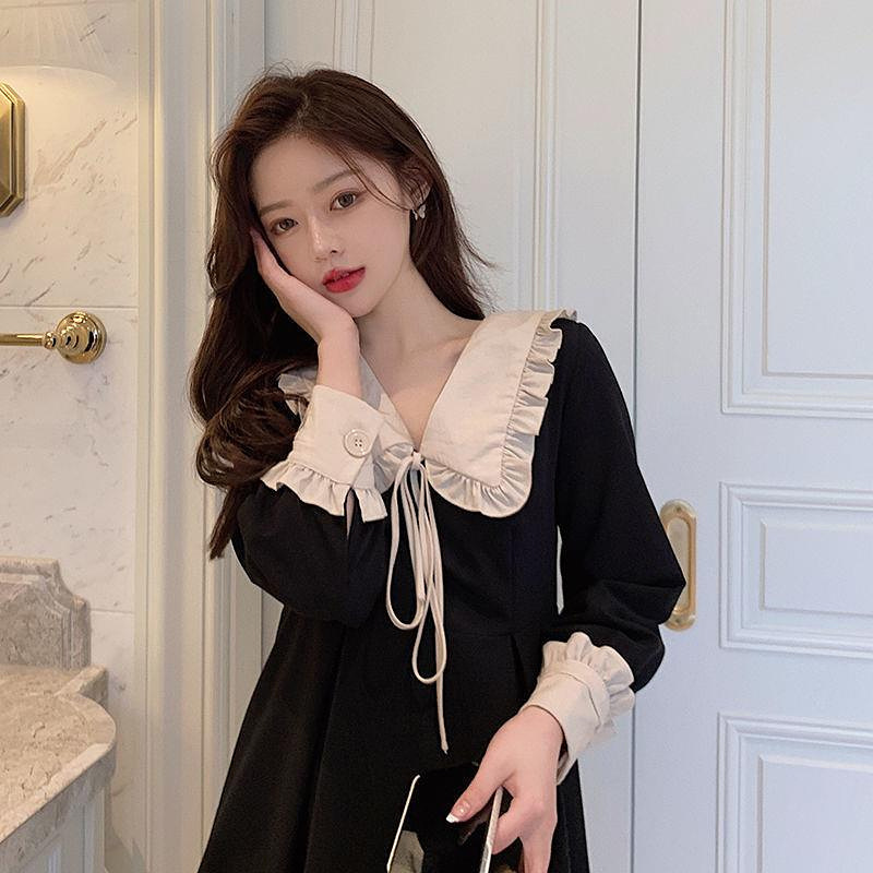 

French Vintage Dress Women's Gentle Doll Neckline Tie Bow Show Slim Black Dresses