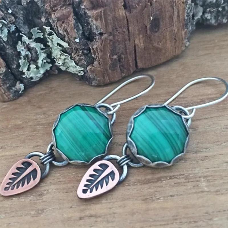 

Dangle Earrings Vintage Round Metal Inlaid Malachite Drop Women's Personality 925 Silver Needle Feather Jewelry