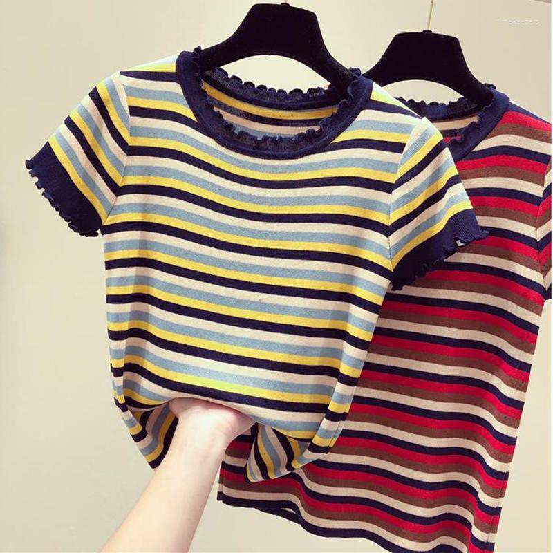 

Women's Sweaters Summer Striped O-Neck Pullovers Women's Sweater Knitted Contrast Color Women Slim Top Short Sleeve Elasticity Pull, Red