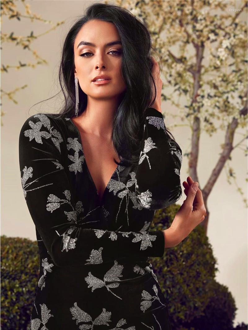 

Casual Dresses UK Sexy Deep-V Rhinestone Velvet Wrap Sheath Mini Dress Long Sleeve Plunge Abstract Plant Pattern Silver Sequin Date Night, Picture shown