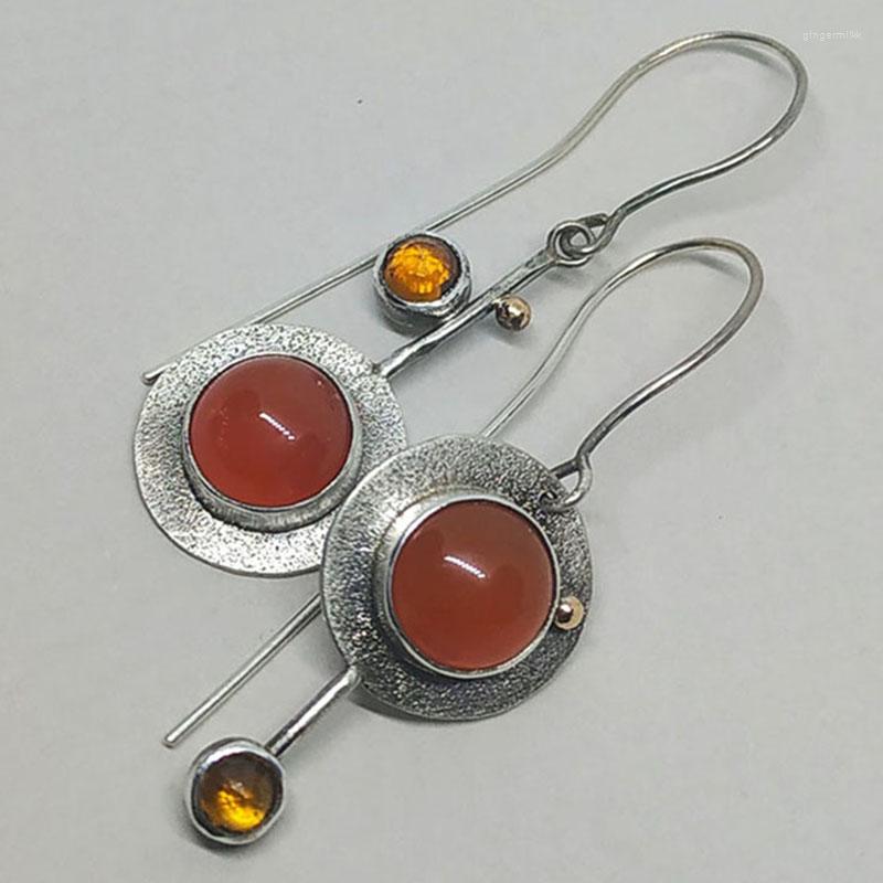 

Dangle Earrings Asymmetric Long Hook Orange Round Stone Creative Jewelry Yellow Crystal Coral Color Beads Statement