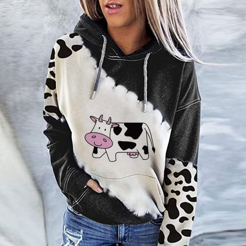 

Women' Hoodies Fashion Funny Cow Pattern For Women Girls Autumn Casual Long Sleeve With Pockets Pullvoers Pull Femme, Black