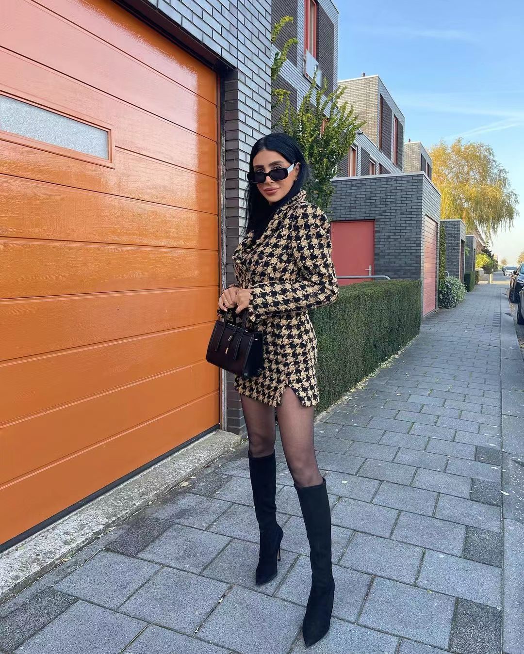 

Two Piece Dress xikom Tweed Summer Women Two piece Set Vintage Plaid long Sleeve short Blazer coat Female Slim High Waist Skirt Suits 221010