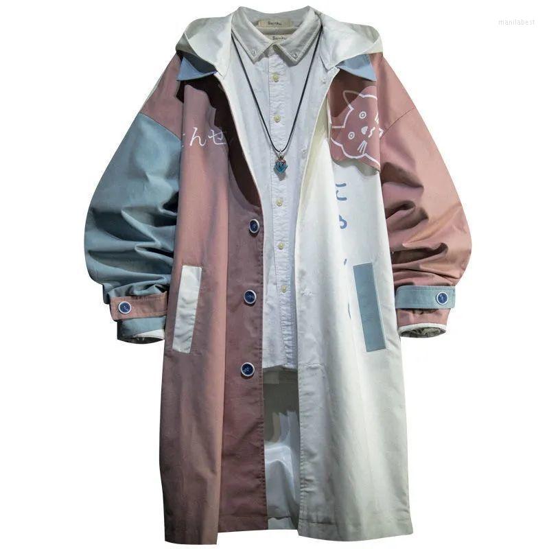 

Women' Trench Coats Hooded Button Up Colorblock Contrast Patchwork Long Fall Spring Coat Women Cute Cartoon Japanese Letter Windbreaker, Pink