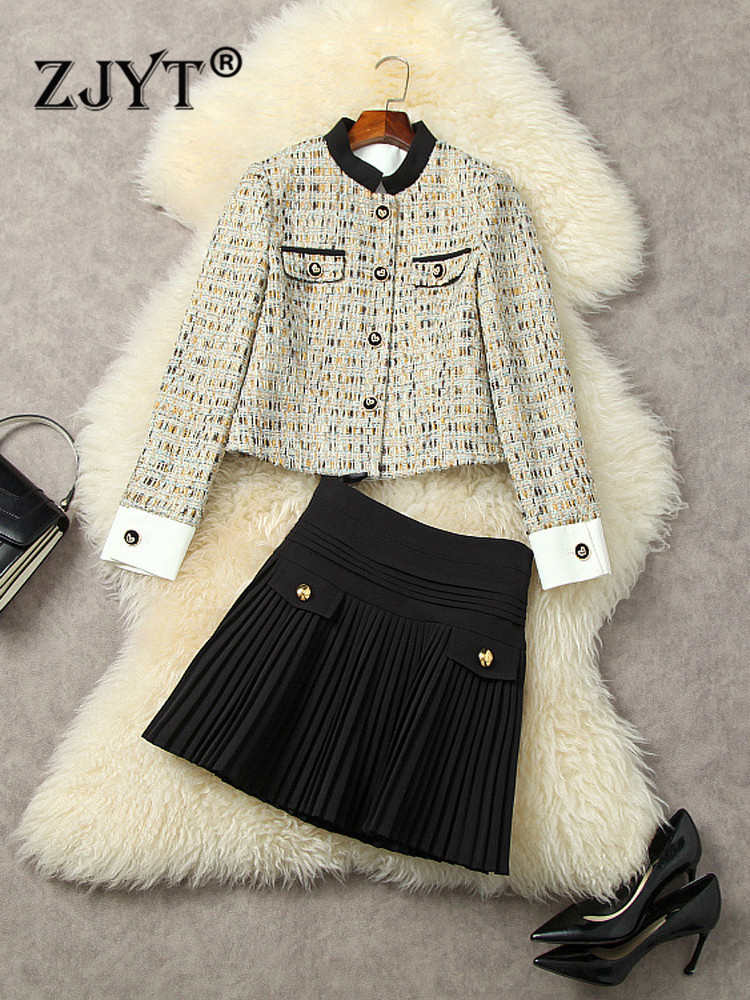 

Two Piece Dress ZJYT Preppy Style Women Set Autumn Designer Vintage Tweed Jacket Mini Pleated Skirt Suits Female Casual Outfit 221010, Grey black