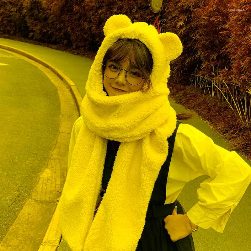 

Berets Bear Ear Beanie Hat Female Autumn Winter Warm Neck Protection Thickened Cap Sweet Lovely Plush Korean Thermal HatsBerets, Black