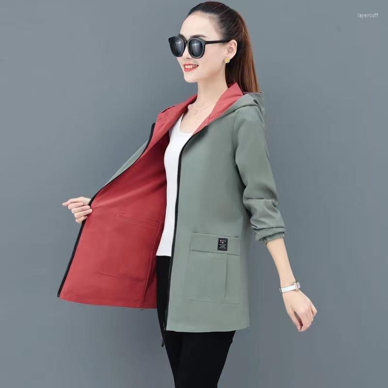 

Women's Trench Coats Reversible Print Coat Midi Hooded Top, Black