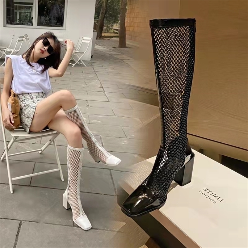 

Boots Mesh Hollow Sandals Women's Pointed Toe Allmatch Thick Heels Medium High Spring and Summer Ladies 221010, Black