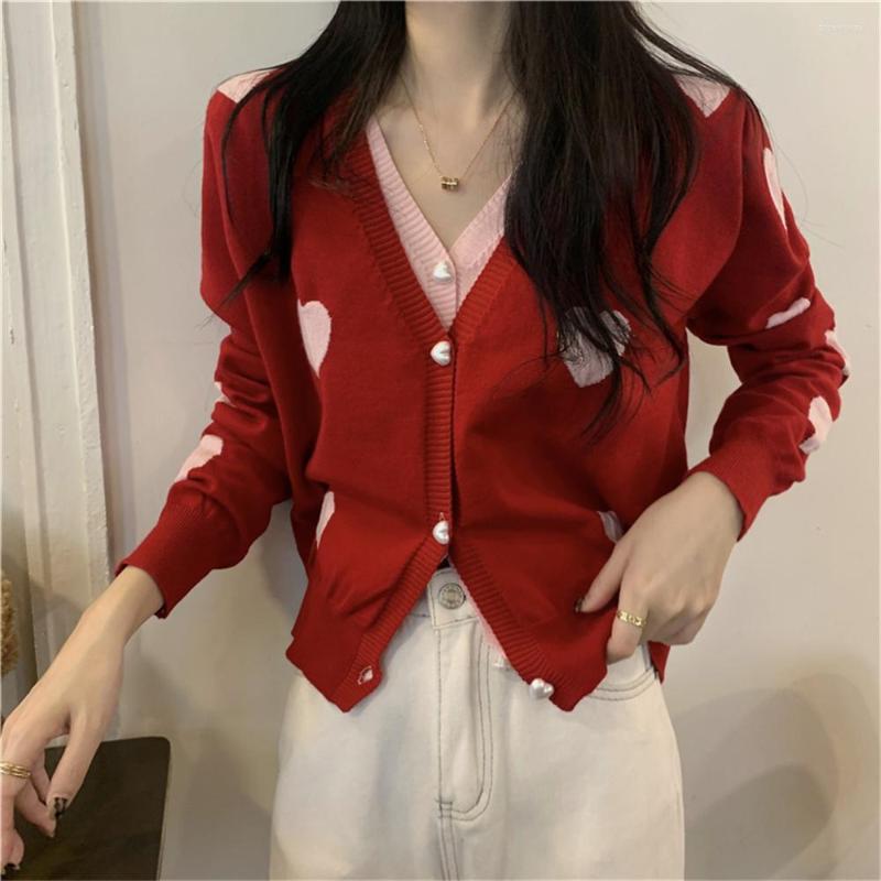 

Women's Knits Alien Kitty Red V-Neck Knitted Full Sleeve Women Coats 2022 OL Knitwear Patchwork Hearts Femme Warm Cardigans Chic Sweaters