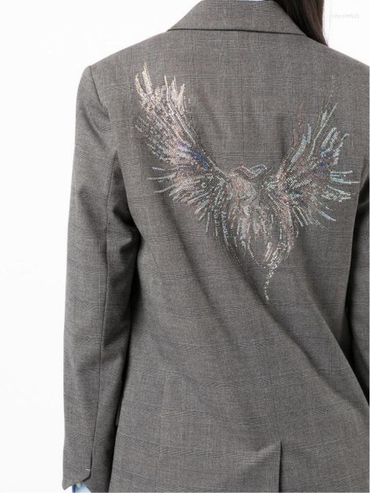 

Women's Suits 2022 Autumn Winter Zadi Two Button Back Rhinestones Eagle Pattern Grey Women Casual Blazer Coat, Gray